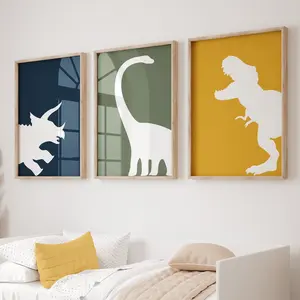 Dinosaur Prints, Set of 3 Posters, Navy Blue, Green and Mustard, Dinosaur Wall Art, T Rex Print, Triceratops, Brontosaurus, No Frame