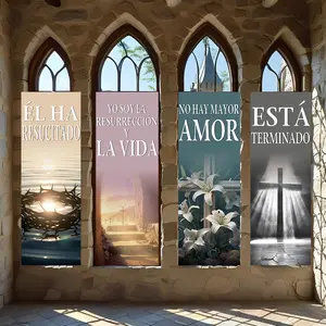 4 Pcs Religious Banners, Polyester Material Easter Christian vertical banners set with resurrection scriptures crown of thorns empty tomb lily cross patterns suitable for church sanctuary wall decor home prayer space faith inspired decoration