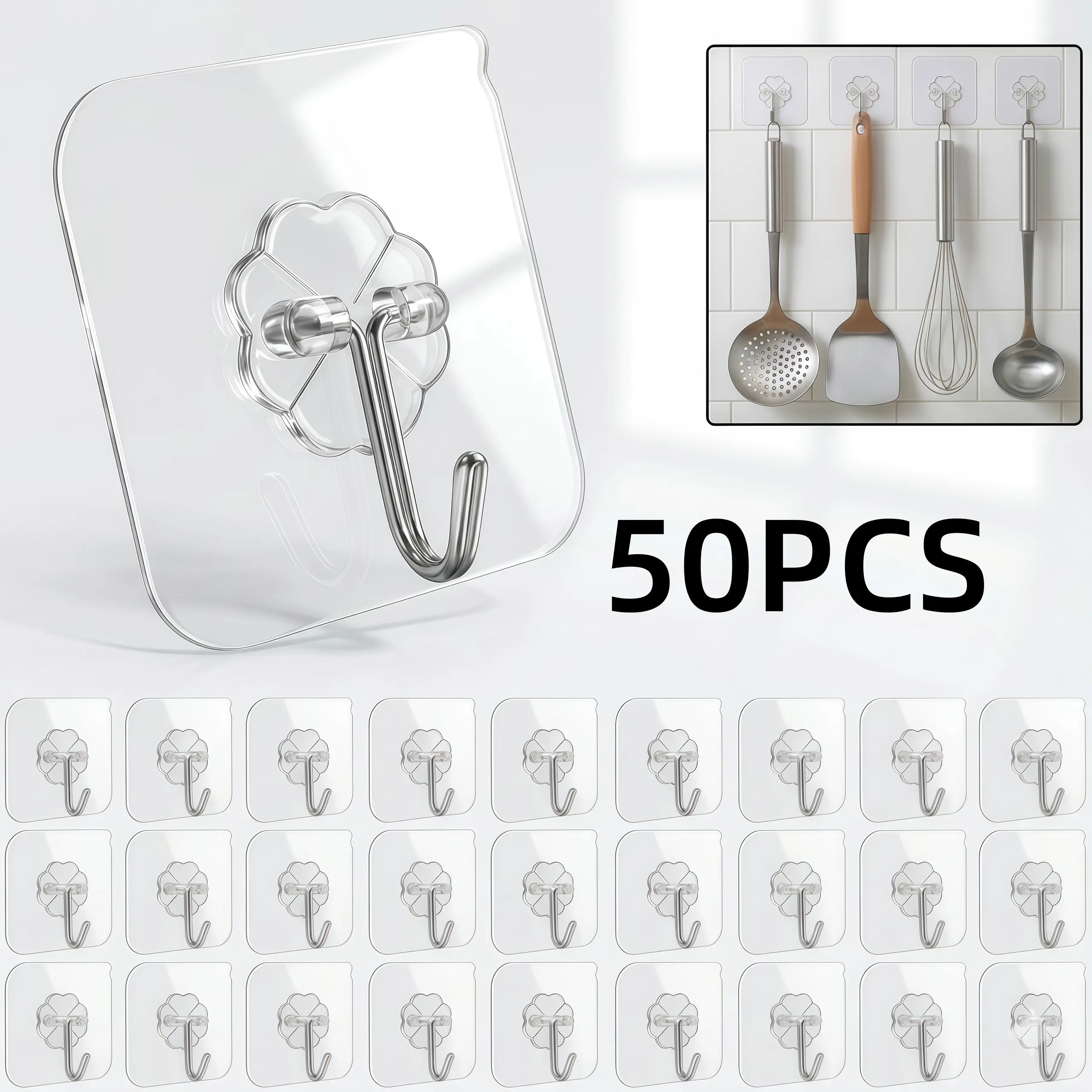 Free Shipping | 50-Piece Bulk Pack Durable Heavy-Duty Adhesive Wall Mount Hooks & Rails - Renters-Friendly Home Organizer, Bathroom Hardware for Hang Items on Bathroom Shower Walls