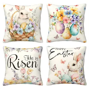 Happy Easter Egg Rabbit Flower Pillowcase, He Has Resurrected Flower Basket Butterfly Cushion Cover, Sofa Decoration 4-piece Set Double-sided Printing (without Pillow Core)