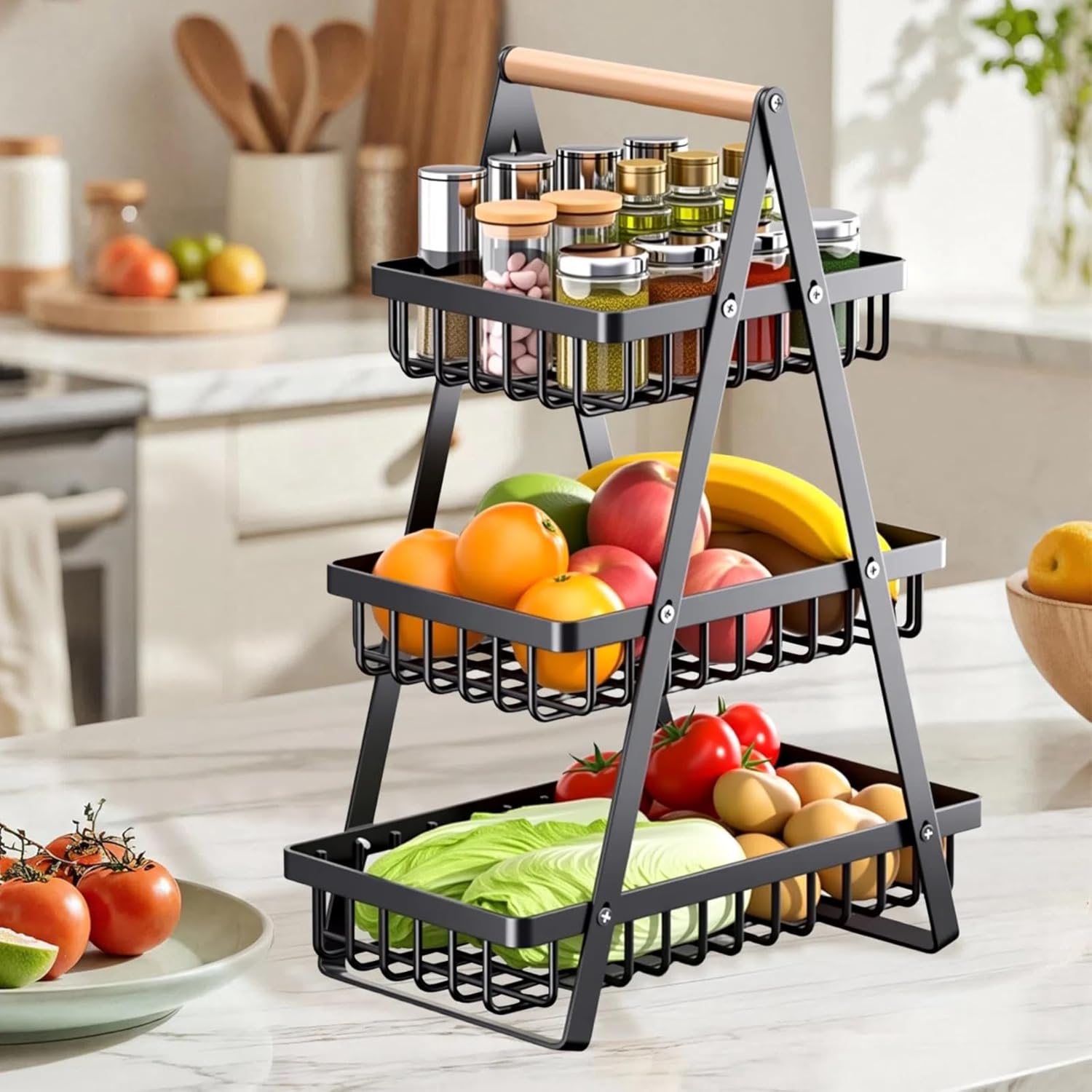 1PC 3-Tier Removable Metal Wire Storage Basket with Wooden Handle, Foldable Tiered Organizer, Breathable Rack for Fruit Vegetable Snack, Modern Kitchen Countertop Organizer for Dining Table Home