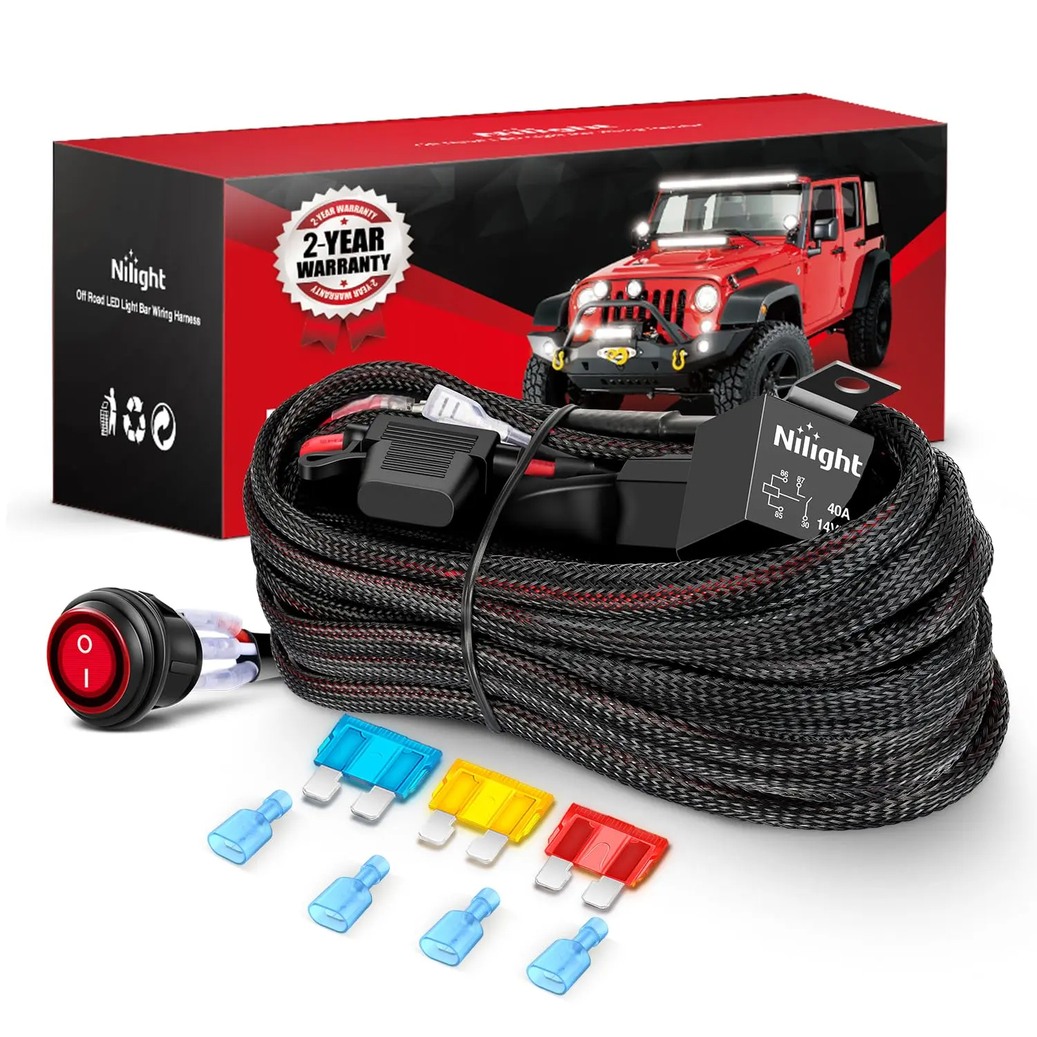 Nilight 14 AWG Nylon Wiring Harness Kit - 2 Leads, 12V On-Off Switch, Power Relay, Blade Fuse, Vehicle Accessories for LED Light Bar, Off-Road Lights