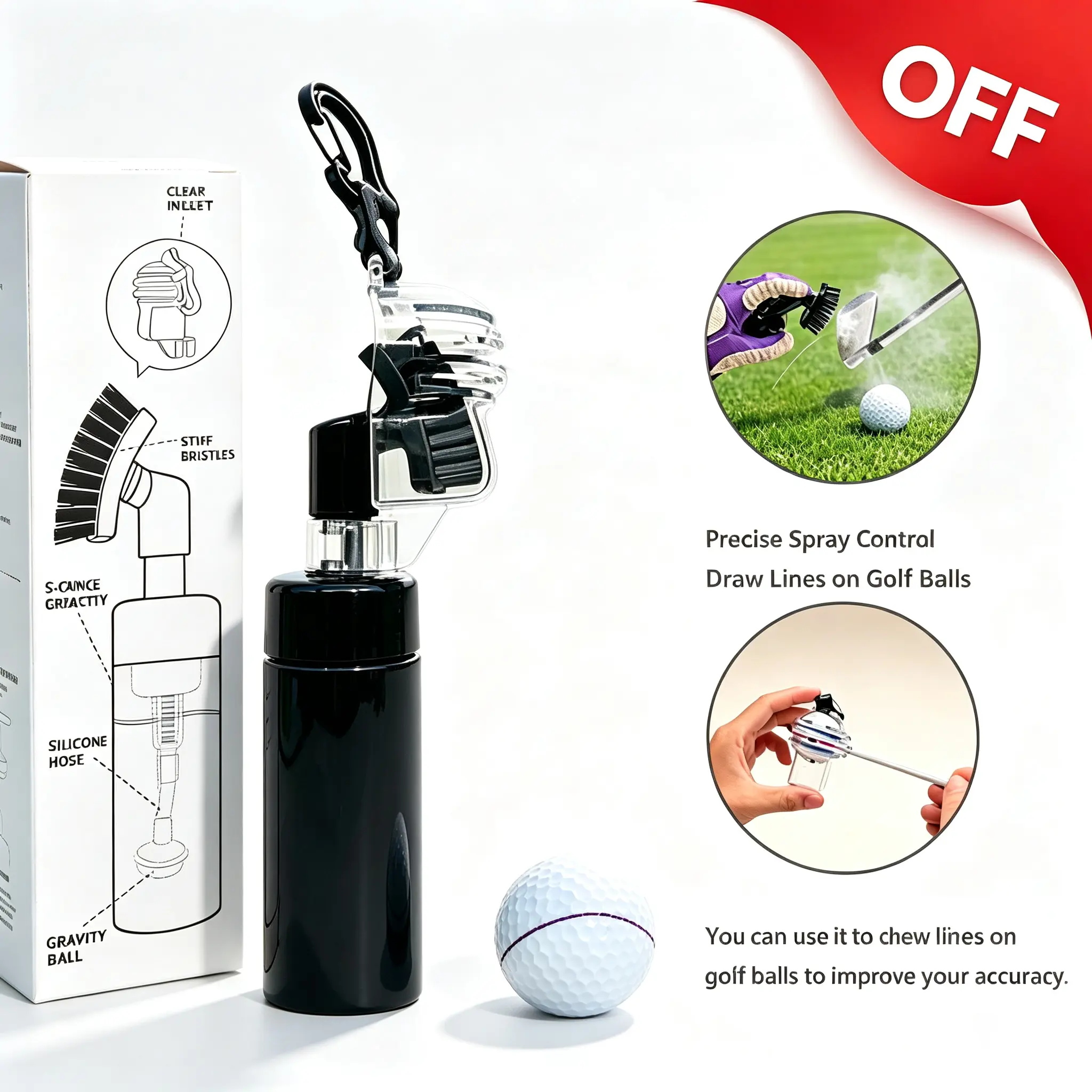 Keycent 2-in-1 Golf Club Water Brush Cleaner - Black Features a built-in golf ball marker and includes a leather lanyard to prevent loss. Unisex professional golf accessory. The ultimate golf gift for swing enthusiasts! Father's Day gift selection.