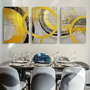 2D 3pcs Wrap Home Print Decorative Painting, Round Yellow Ribbon Abstract Art Canvas Wall Decoration Waterproof Artwork Suitable for Living Room Bedroom Office Hotel Lobby Dining Room Decoration, Add beauty to your home decor, ideal for gift decor