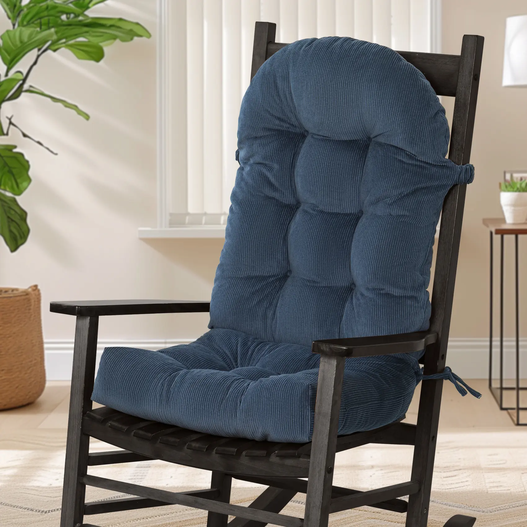 4in Thick Solid Corduroy Tufted Rocking Chair Cushion, Non-Slip Ties, Machine Washable, Sturdy High Back (28in Back) for Outdoor Chairs, Patio Furniture, Front Porch
