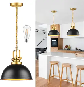 Farmhouse Black and Gold Pendant Lights Kitchen Island, Matte Black Dome Gold Vintage Hanging Ceiling Light for Dining Room Living Room