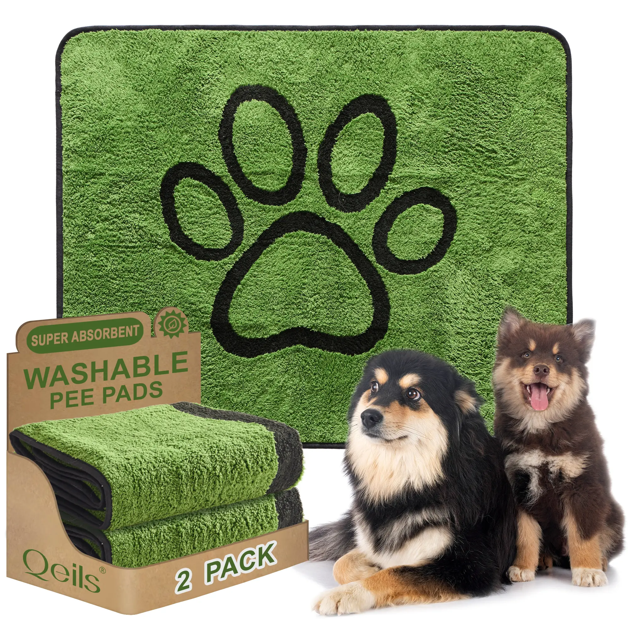 Qeils Washable Pee Pads for Dogs, 2 Pack Super Absorbent Reusable Puppy Pads with Green Long Wool for Potty Training, Floor, Couch, Bed, and Crate,18"