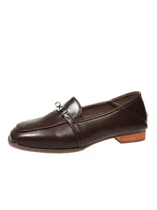 Women's New Retro British Style Metal Lock Loafers, Casual Round Toe Flat Leather Shoes, Unique Design Comfortable Single Shoes