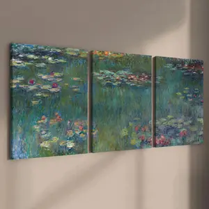 Wooden Framed Canvas Painting, 3 Counts/set Lotus Pond Pattern Canvas Wall Art, Modern Wall Decor for Home Living Room Bedroom Office