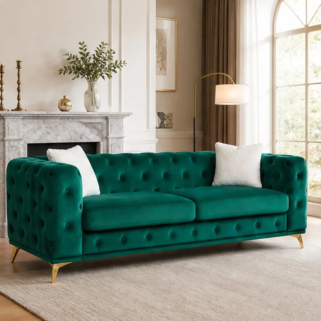 ARCH 82.5-Inch Luxury Button-Tufted Diamond Stitch Chesterfield Sofa, 3-Seat Velvet/Fabric Upholstered Couch with Pocket Springs Foam Cushions, Wood Frame, Metal Legs, 2 Throw Pillows, Green - Various Room Types Furniture (2/3/5/6-Seat Options)