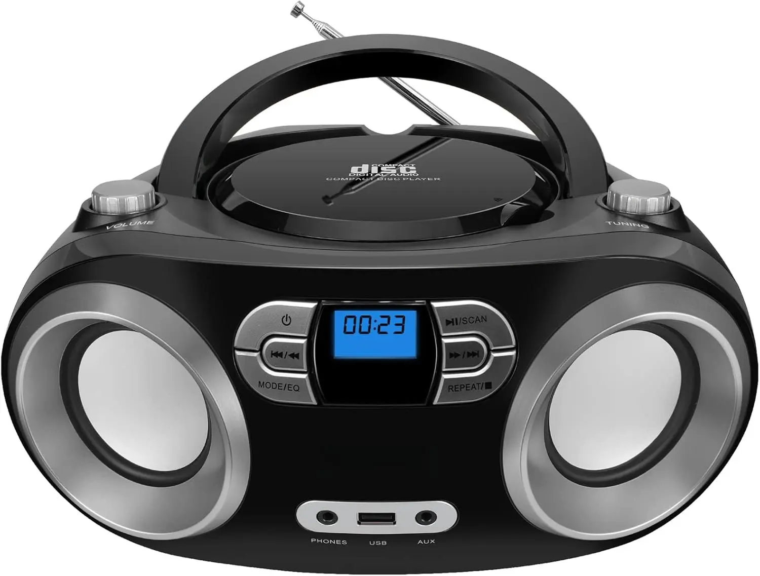 Portable CD Player Boombox with FM Radio, , USB Port, AUX Input, and Headphone Jack  CD-R/CD-RW/MP3-CD Compatible, Clear Stereo Sound, Backlit LCD Display  Black