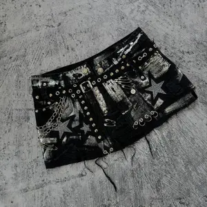NewGothicRetroBlackDenimSkirtHarajukuStarGraphicRhinestoneRivetMiniSkirtSexyHotGirlSlimLowWaistHipSkirts