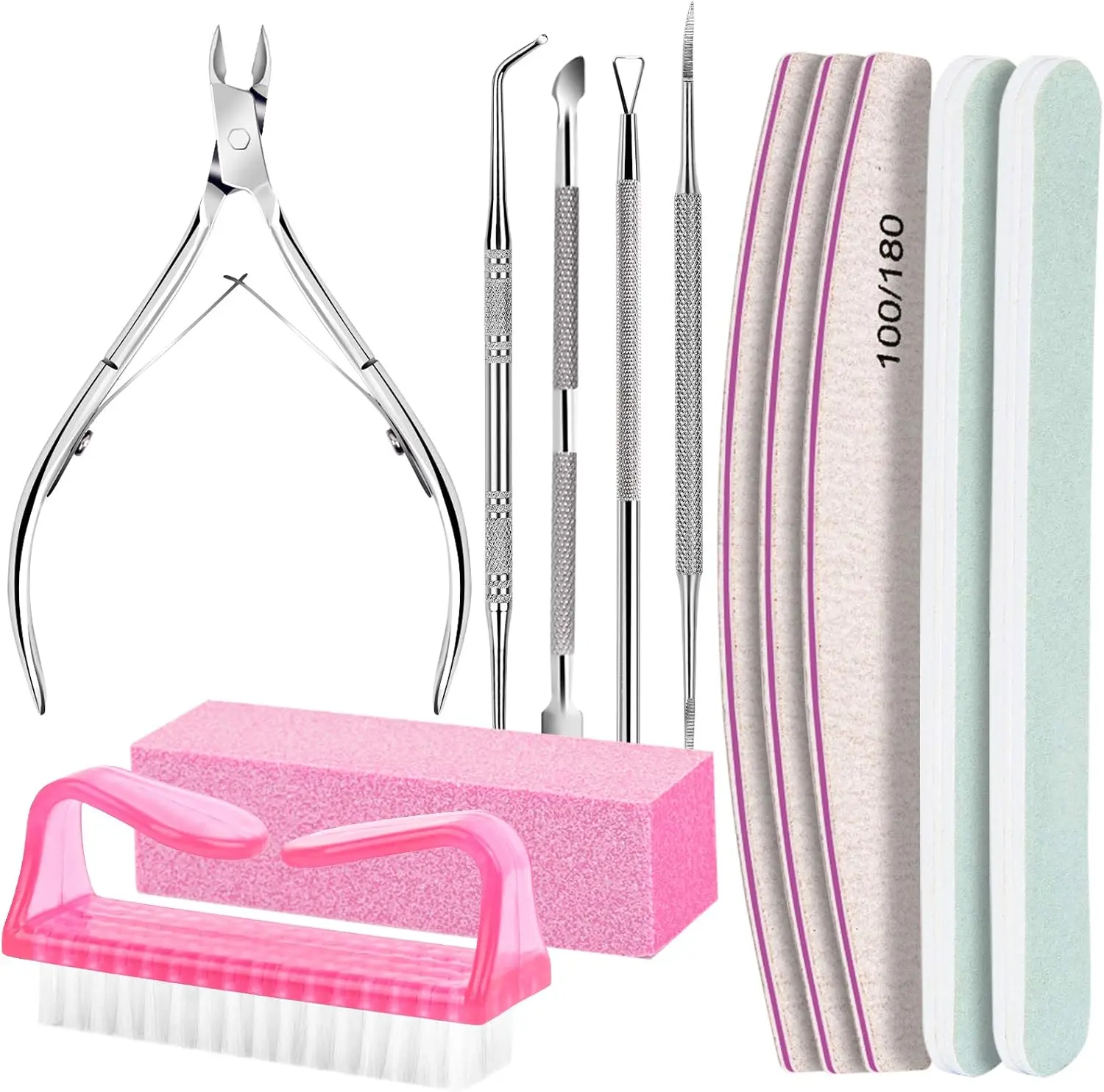 Women's 12Pcs Professional Nail Care Prep Kit - 100/180 Files, Buffer Block, Cuticle Nippers, Trimmer, Pusher, Manicure & Pedicure Tools