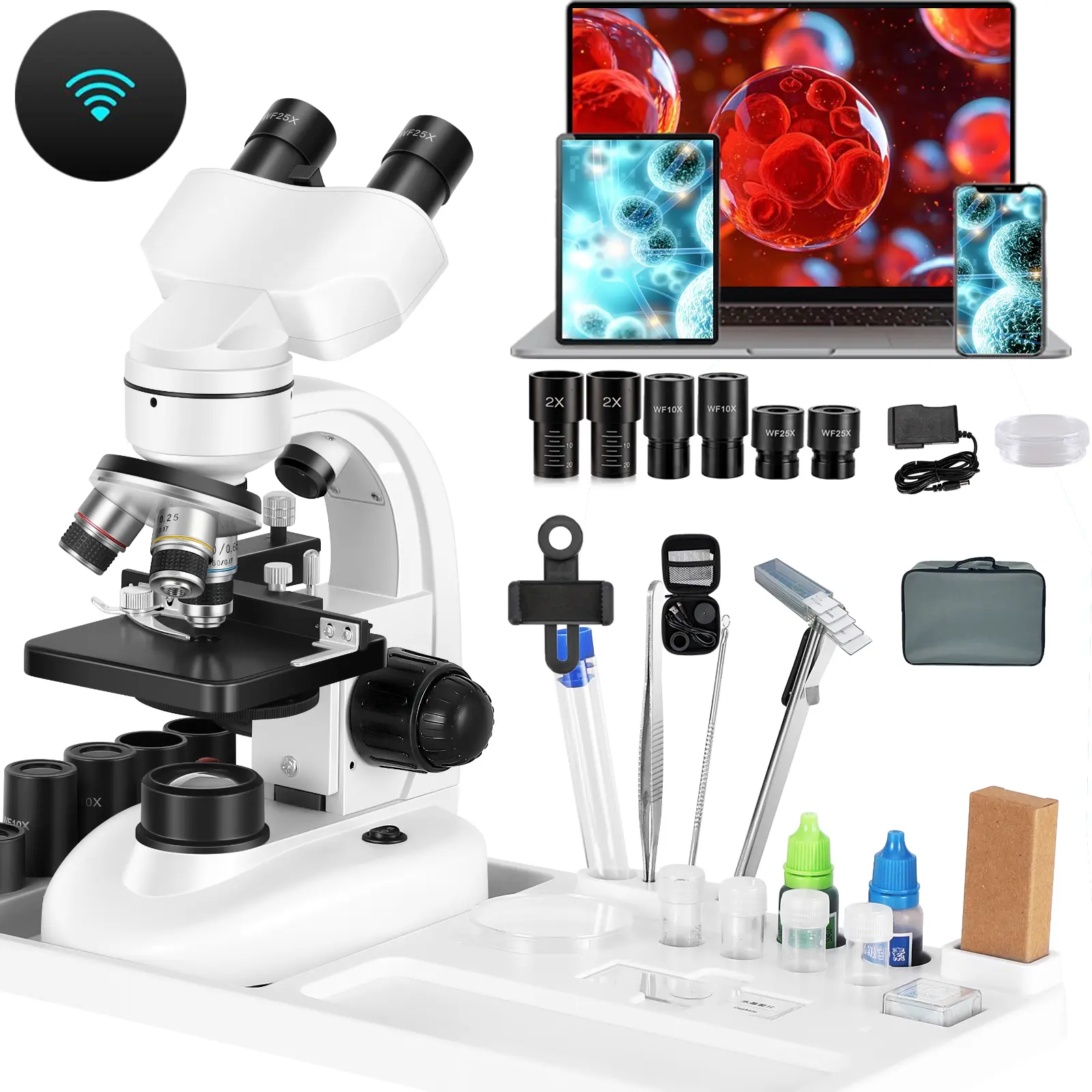 USB Digital Microscope with WF10x & WF25x Eyepieces, 40x-2000x Magnification, USB Camera, Learning Materials for Laboratory Education Visual Learning Tool