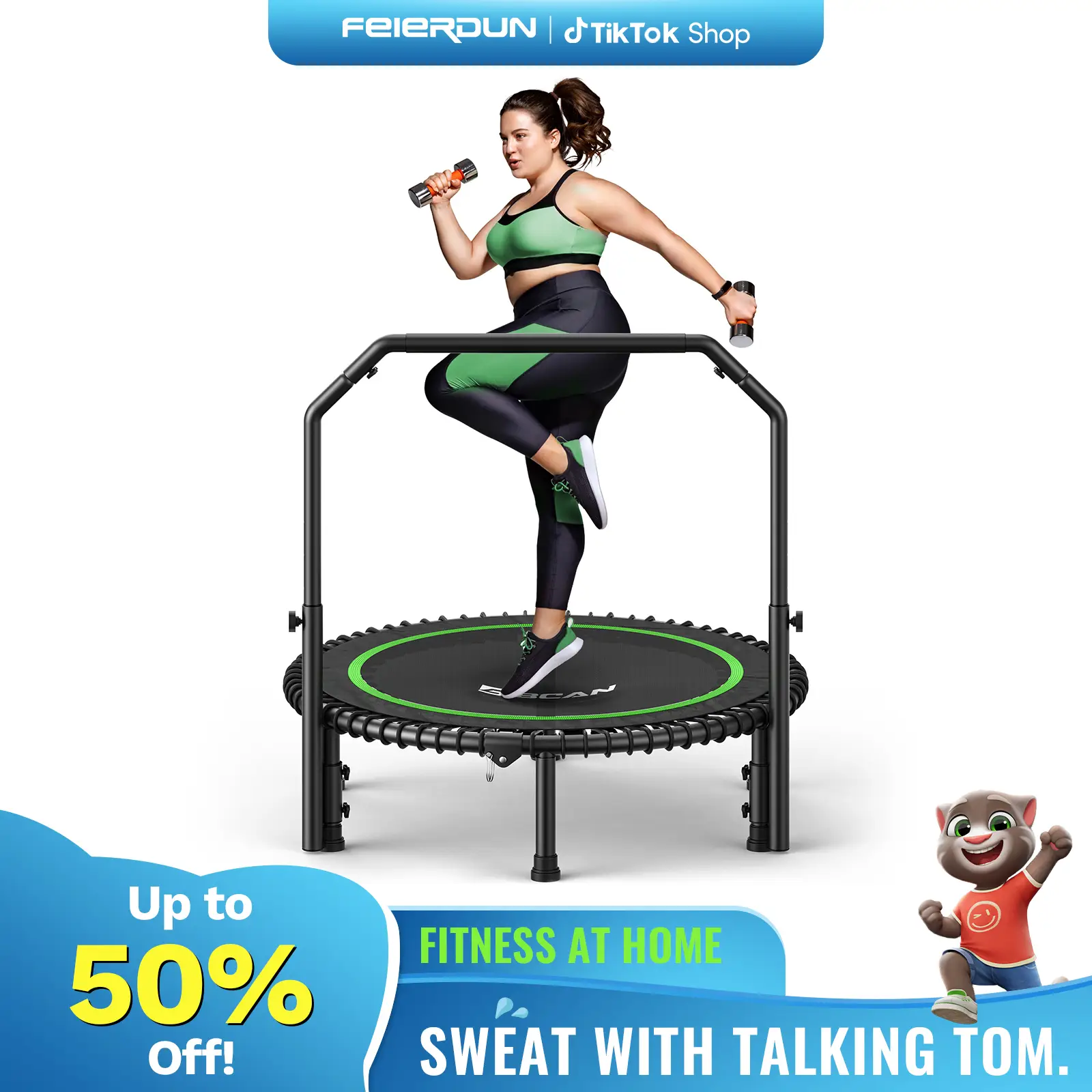 BCAN 450/550 LBS Foldable Mini Trampoline, 40"/48" Fitness Trampoline with Bungees, Adjustable Foam Handle/T-Handle/No Handle, Stable & Quiet Exercise