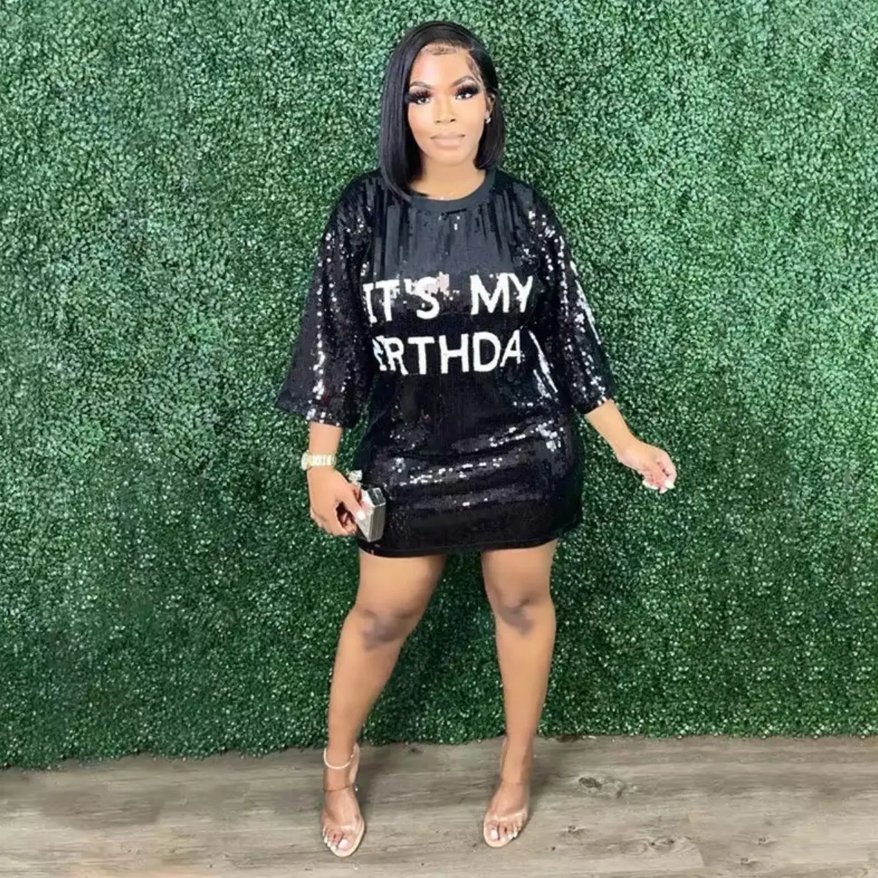 It's My Birthday' Sequin Dress with 3/4 Sleeve Casual Crewneck Womenswear  birthday Formal - TikTok Shop
