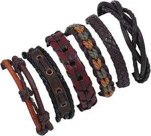 Ethnic Tribal Boho Wrap Leather Bracelets for Men Boho  Cords String Beaded Braided Surfer Friendship Bracelet Woven Strand Biker Cuff Wristband Male Son BFF Gifts