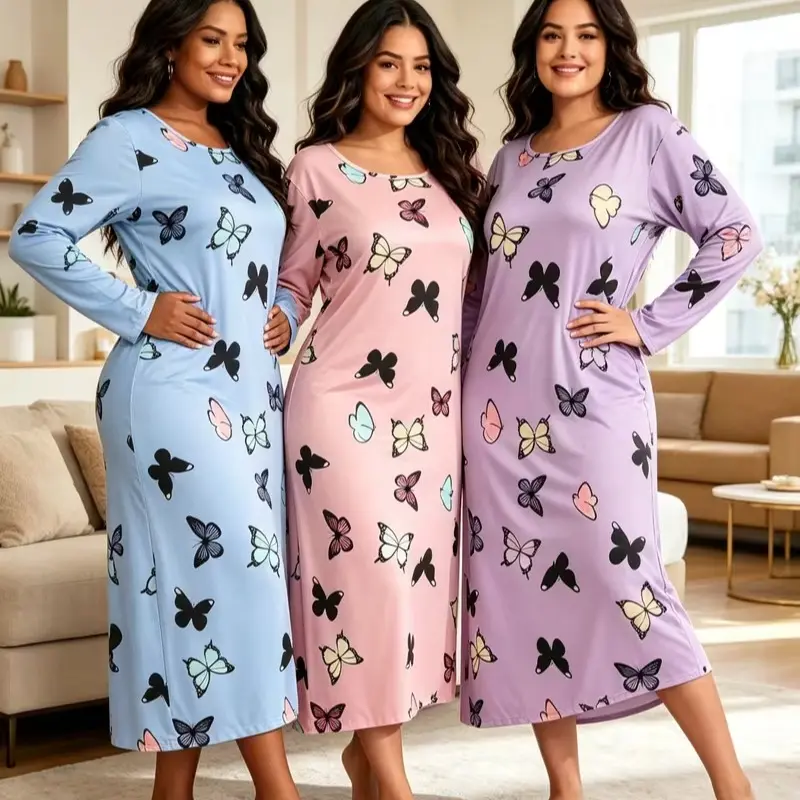 Women’s Plus Size Butterfly Print Nightgown 3Pcs, Long Sleeve Cami Sleep Dress Set in Pink Blue Purple, A-Line Loose Fit Loungewear for Summer Bedroom Comfort
