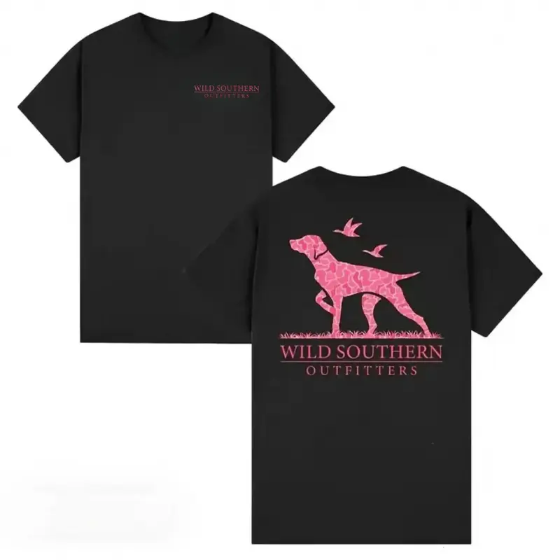 Unisex Pink Camo T-Shirt with Hunting Dog Graphic Print, Southern Style Cotton Short Sleeve for Outdoor Wear, Tshirt, Menswear, Women's Clothes