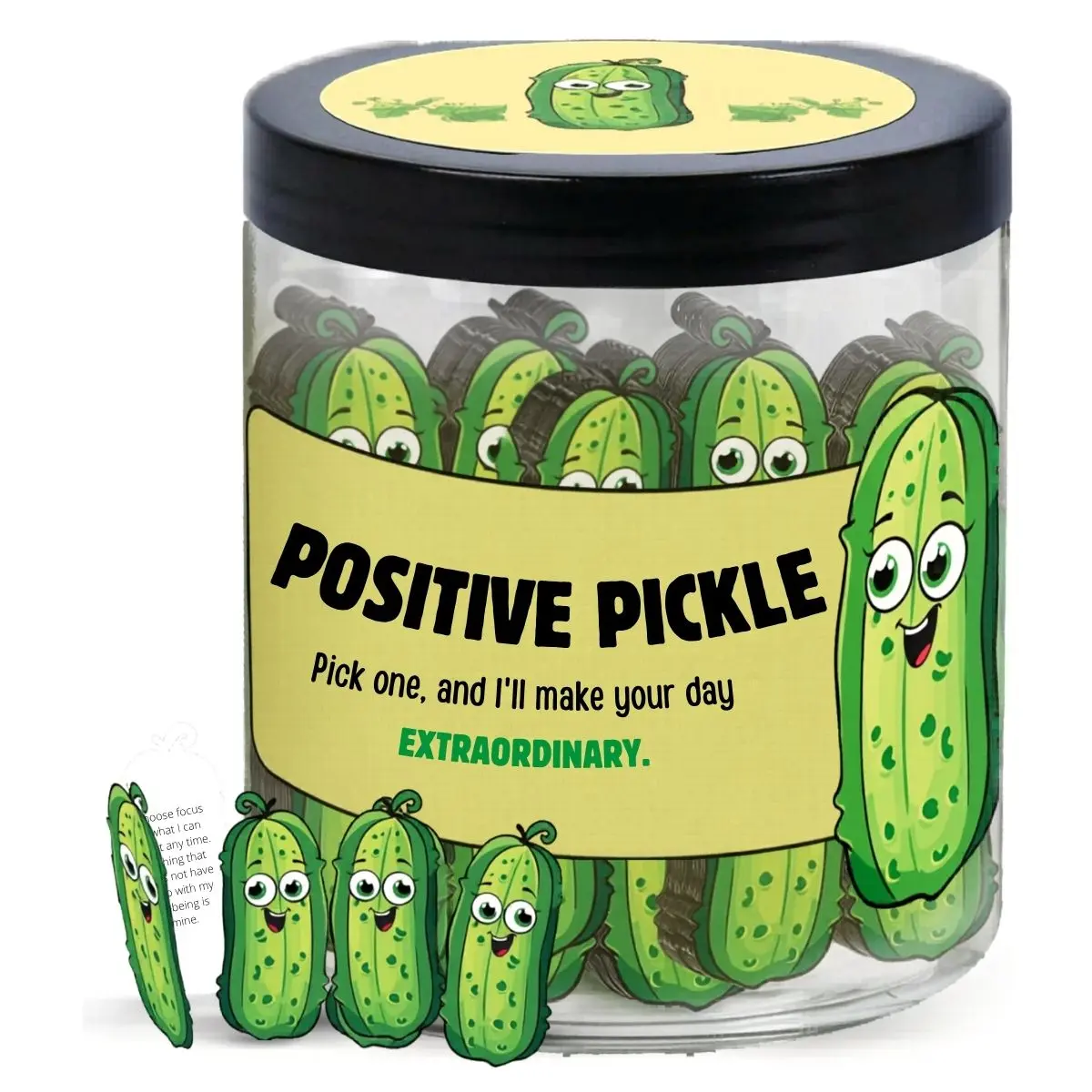 60 Positive Pickle Cards Jar – Funny Inspirational Gift with Daily Motivational Notes for Women, Teens & Adults