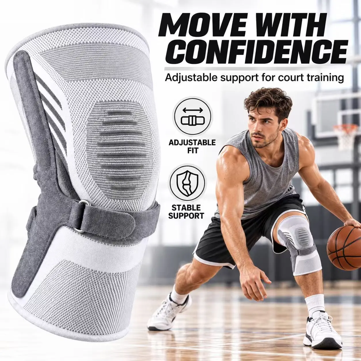 Adjustable Knee Support Gear, Breathable Leg Support Sleeve with Side Stabilizers, Soft Knee Brace for Workout, Running and Court Sports