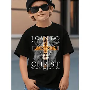 Christian Lion Faith Graphic T-Shirt for 5-13Y Kids - "I Can Do All Things Through Christ" Print, Kid-Friendly Cute Boys' T-Shirt, Black Tops for Boys, Kid-Friendly Boys' T-Shirts, Cute Boys' T-Shirts