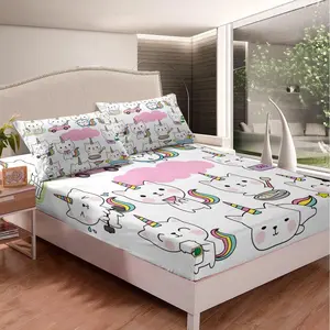 Feelyou 3-Piece Full Size Deep Pocket Caticorn Bedding Set - Cartoon-Style Bedsheet Sets with Cute Kitten Fitted Sheet, Bed Cover for Bedrooms