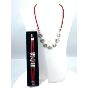Vintage Cross Necklace and Bracelet Set  Handmade Jewelry in Argentina  with Genuine Leather Strap by Graciela's Collection
