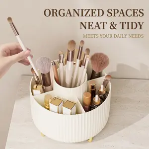 360-Degree Rotating Makeup Organizer Box, 5-Grid Plastic Cosmetic Storage Rack with Luxury Stripe Design, Portable Brush Holder and Beauty Organizer, Makeup Tool Organizer-YY1