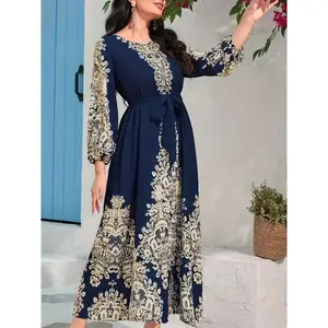 Elegant Lantern Sleeve Ramadan Graphic Print - Tie Waist Maxi Length Kaftan Dress, Women's Clothing