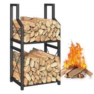 Heavy-Duty Freestanding Log Storage Rack | Powder-Coated BlackTubular Steel, Adjustable Height, Space-Saving Design forIndoor/Outdoor Fireplace, Fire Pit, Wood Burner Use
