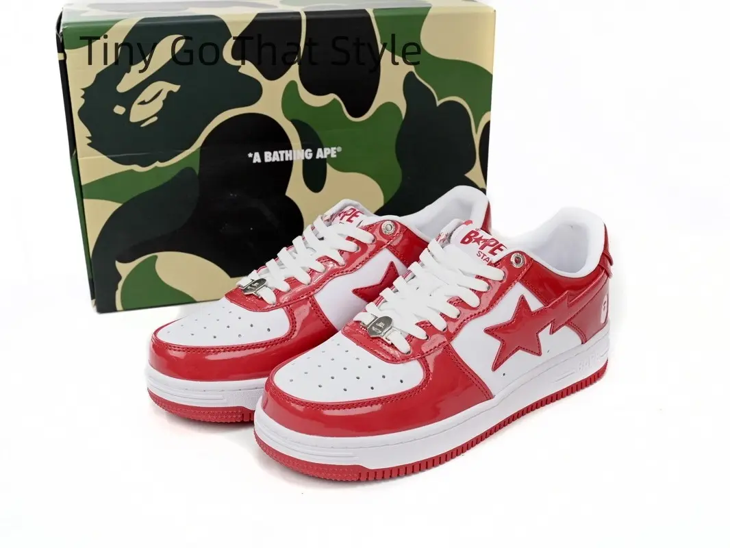 Unisex Couple Platform Skate Sneakers Bright Red White Gloss Patent Leather Running Shoes Red Star Detail Ivory Outsole Edgy Y2K Casual Trainers