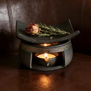 Peruvian Palo Santo Holder, Ceramic Incense Burner, Handmade Dark Earthware Diffuser, Home Bedroom Essential Oil Warmer, Calming Atmosphere