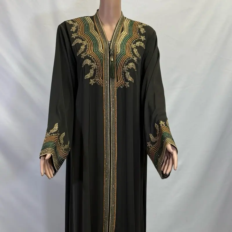 Forest Green Zippered Abaya with Rhinestones and Belt - Elegant Design with Gold Embellishments