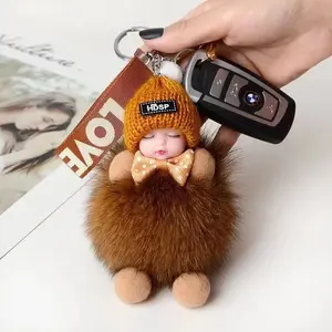 Cute 3-Piece Pom-Pom Plush Set, Sleeping Doll Keychains, Baby Car & Bag Pendant Ornaments