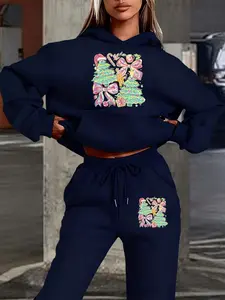 Autumn Winter Hoodie Set Bowknot, Christmas Tree Gingerbread Man Gift Illustration, Casual Fitted Long Pants Suit