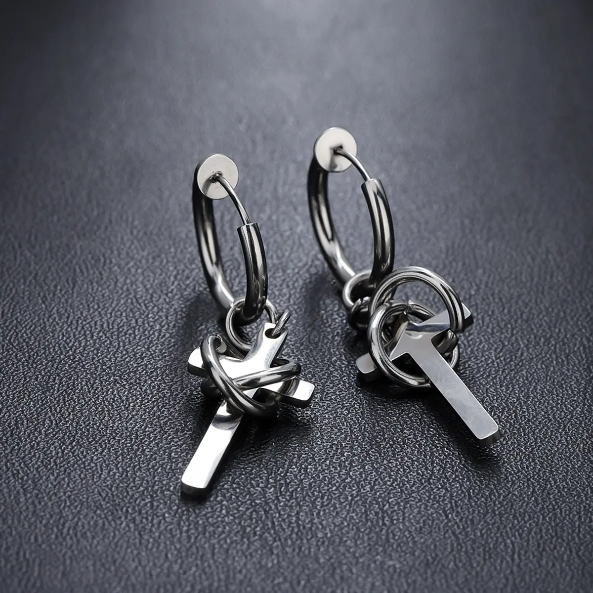 Silver‑Tone Hoop Earrings Twisted Ring Cross Pendant Dangle Punk Gothic Fashion Ear Jewelry