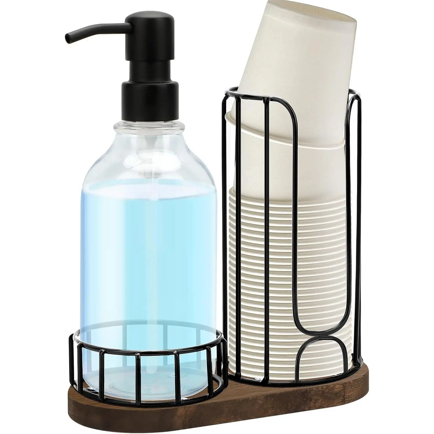Country-Style Bathroom Cup Holder with 17 oz  Mouthwash Dispenser, 2-Compartment 3oz Disposable Mouthwash Cup Storage Rack, Iron Bathroom Accessories