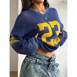 Hollow Football Y2k Long Sleeves Sweater, Women Streetwear, Retro Fashion Casual Pullover, Unisex Knitwear Tops, Knitted Sweater for Couple