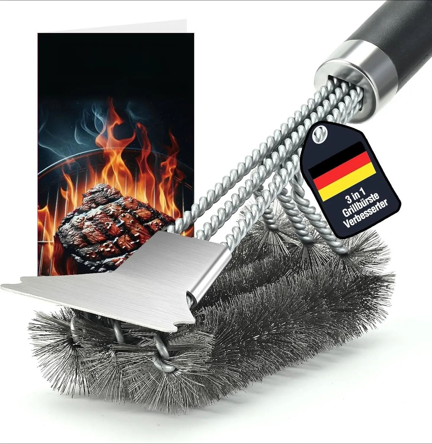 3-in-1 Stainless Steel BBQ Grill Brush with Scraper 45.5cm Heat Resistant Handle Cleaning Tool for Gas and Charcoal Grills