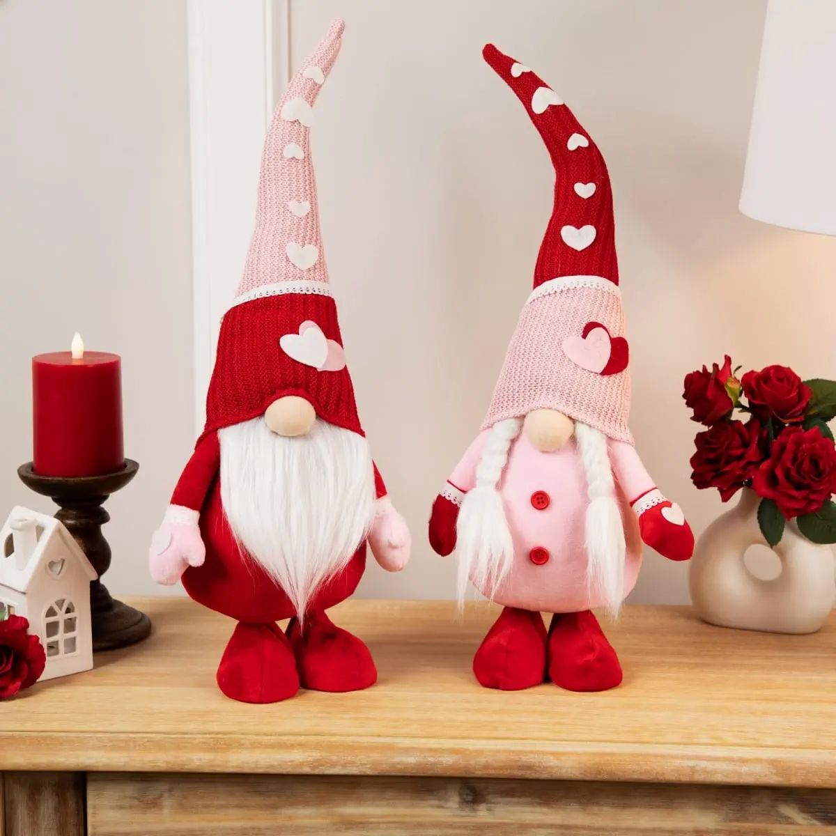 2-Piece Whimsical 23in Tall Fabric Mix Collectible Figurines Set - Gnome Decoration Figures with 360-Degree Rotating Stand, Knitted Hats, Pink & Red Valentine's Day Home Ornaments, Two Piece Set