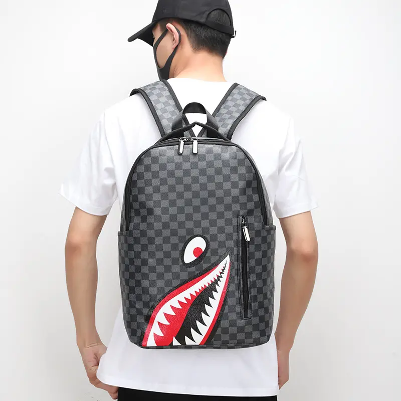 Shark Mouth Backpack for Men Women Checkerboard Printed School Bookbag Streetwear Graphic Laptop Backpack Fashion Casual Travel Daypack Unisex