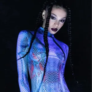 Blue Robot Costume - Women's Cyborg Bodysuit, Futuristic Clothing, Polyester, Sassy Comfort, Skinny Slim, Halloween Costume Outfit Mesh Corset High Neck Plastic