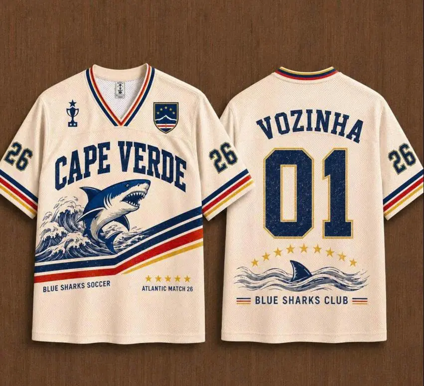 Cape Verde Blue Sharks Vintage Baseball Jersey | Ocean Shark Graphic Button-Up Sports Shirt | Unisex Athletic Casual Summer Jersey