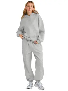 Women's 2-Piece Hooded Lounge Sweatsuit Set, Plus Size Fashion, Long Sleeves, Relaxed Fit, Polyester Fabric, Soft Blue Fall Travel Tracksuits