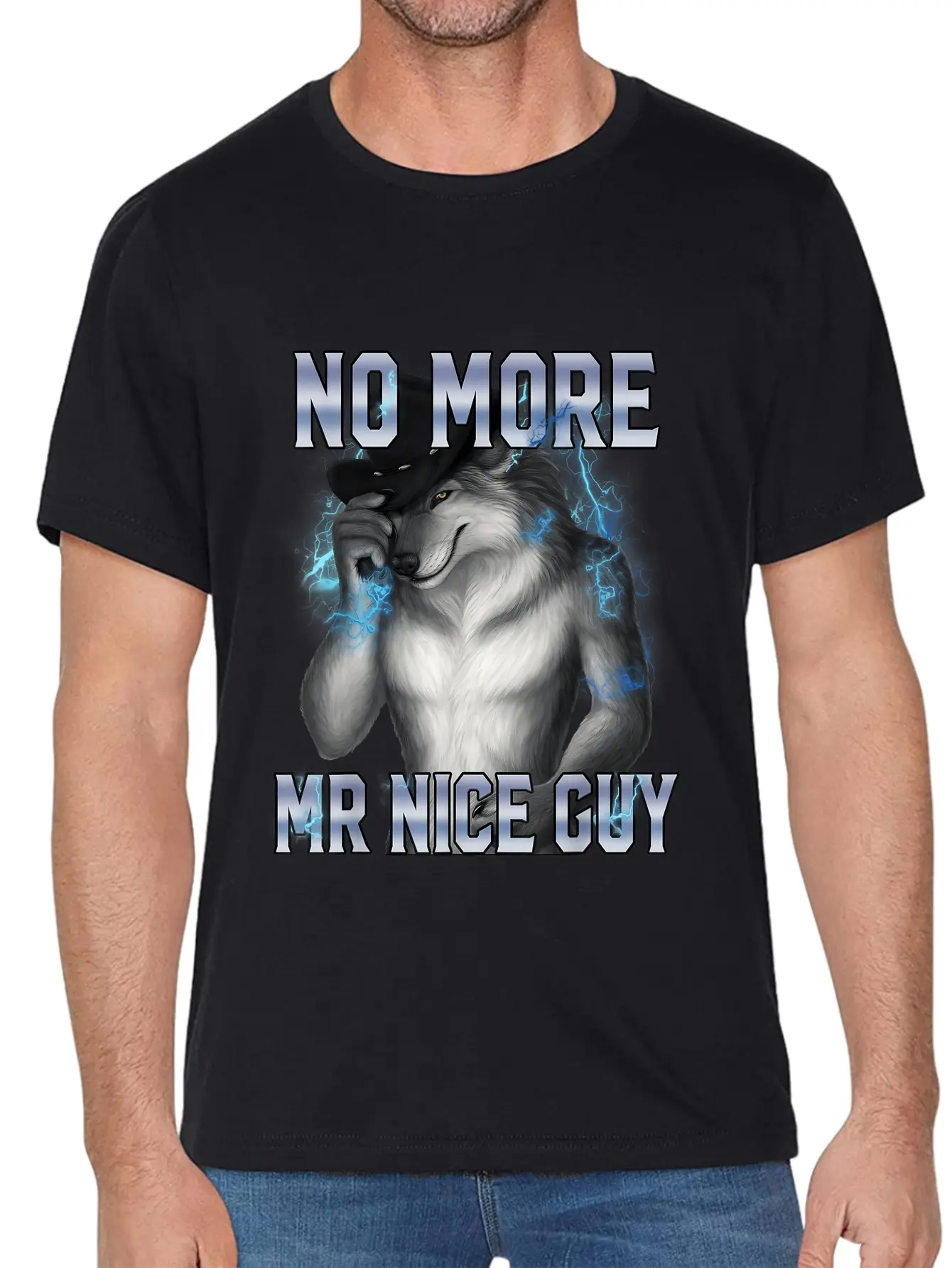 Hilarious Graphic T-Shirt for Men, 'No More Mr Nice Guy' Wolf Design, 100% Cotton Sarcastic Shortsleeve Menswear, Distressed, T Shirts, Casual, Funny 'No More Mr Nice Guy' Wolf Graphic, Streetwear, Funny Wolf