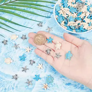 A box of mixed ocean themed set, turtle pendant, alloy beads, starfish synthetic turquoise beads jewelry making DIY Bohemian beach bracelet necklace anklet making