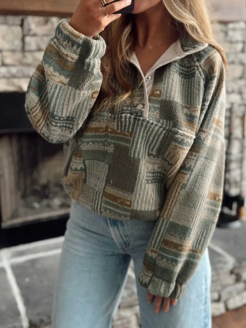 Women’s Western Print Fleece Pullover Sweatshirt, Long Sleeve Casual Top with Ribbed Cuffs and Front Pocket, Soft Cozy Relaxed Fit Shirt for Everyday Wear, Fall and Winter ,Womenswear