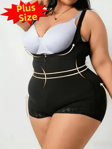 1 Count Plus Size Women's Solid Color Open Bust Bodysuit, Adjustable Bodysuit, Fajas, Colombian Shapewear, Zipper Design Tummy Control & Butt Lifting Shapewear, Tight-Fitting Jumpsuit with Lace Anti-Slip, Classic Daily Wear