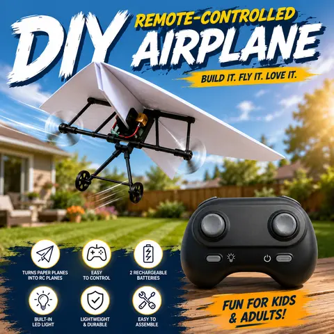 EFFUN RC Paper Airplane Kit - DIY Foldable Flying Toy with 2 Landing Wheels, 2 Rechargeable Batteries, 4 Propellers, Gyro Stabilizer, Tape, Easy-to-Fly, Outdoor STEM Gift for Family Activities